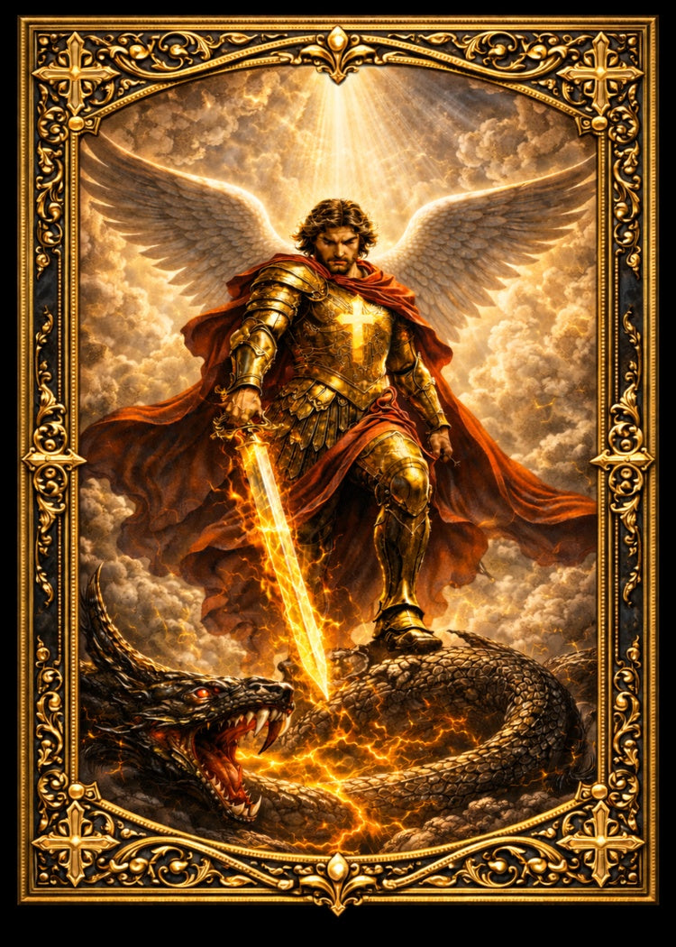 St. Michael the Archangel in gold armour with a flaming sword, standing over the dragon