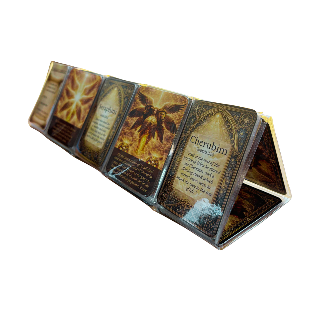 The St. Michael's Chaplet Prism standing open, showing a card for each choir of angels